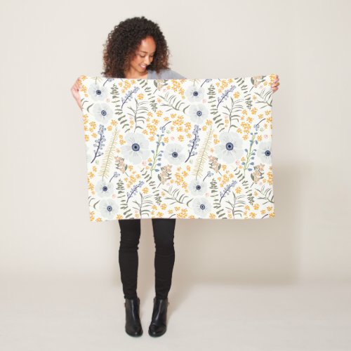 Spring Blue Yellow Whimsical Flowers Fleece Blanket