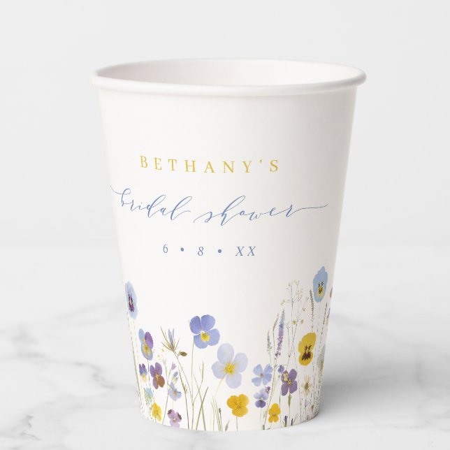 Spring Blue & Yellow Wildflowers Bridal Shower Paper Cups (Front)