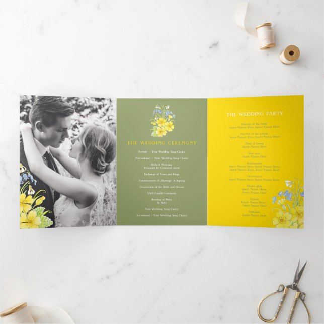 Spring bluebells primroses white green wedding Tri-Fold program (Inside)