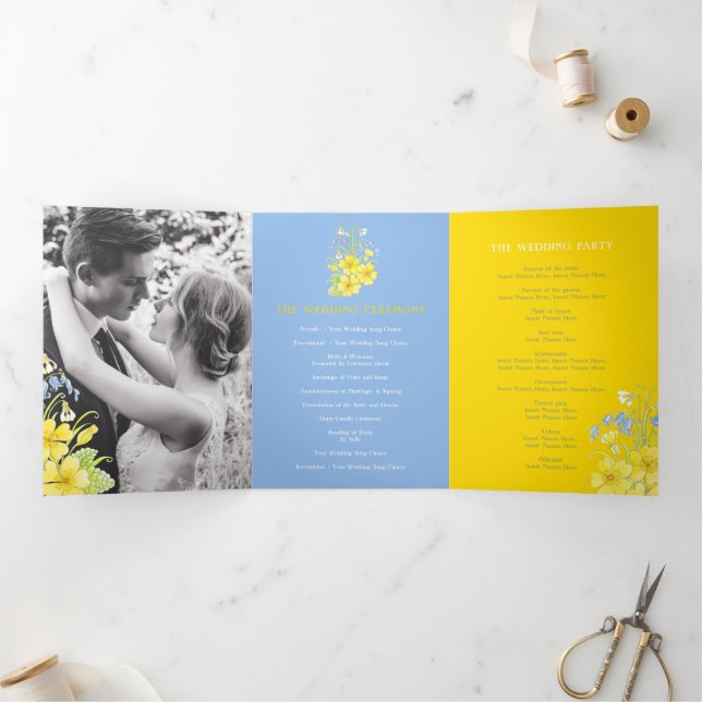 Spring bluebells primroses yellow blue wedding Tri-Fold program (Inside)