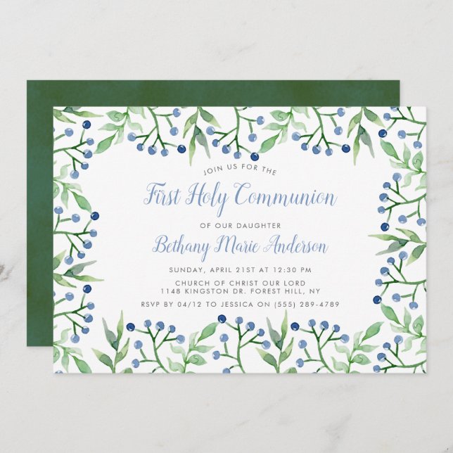 Spring Blueberries Holy Communion Or Confirmation Invitation (Front/Back)