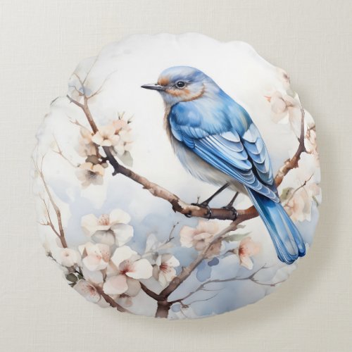 Spring Bluebird in the Blossoming Tree Round Pillow