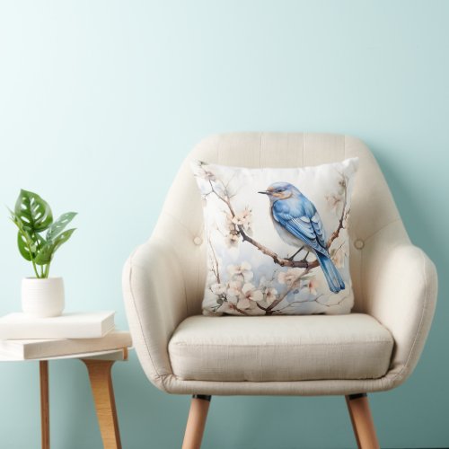 Spring Bluebird in the Blossoming Tree Throw Pillow