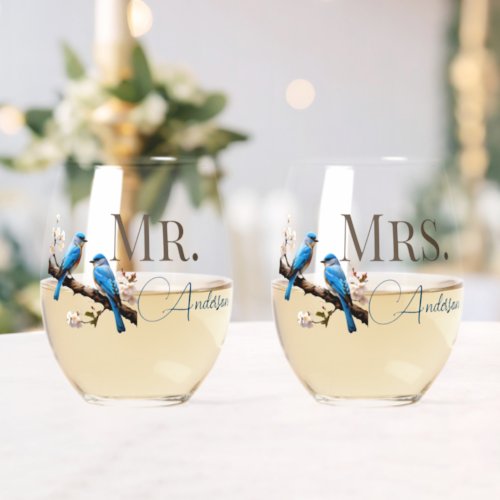 Spring Bluebirds Mr and Mrs Stemless Wine Glass