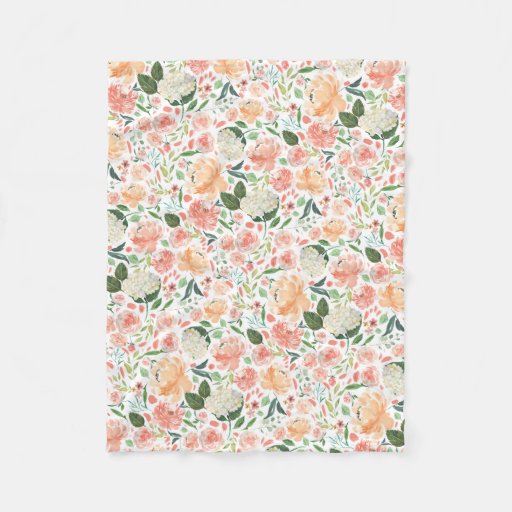 Spring Blush and Peach Watercolor Floral Fleece Blanket