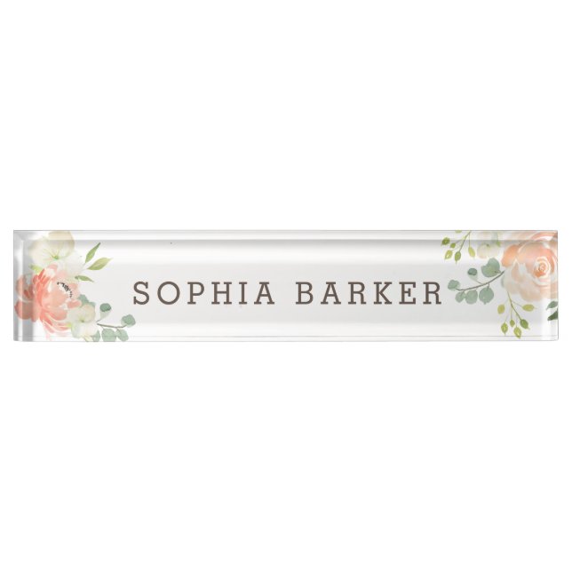Spring Blush and Peach Watercolor Florals Office Nameplate (Front)