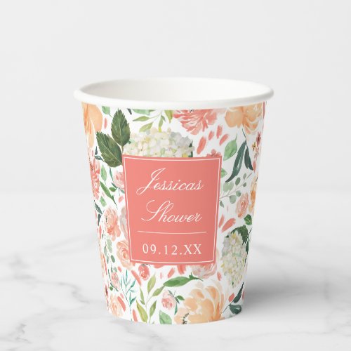 Spring Blush Floral on Custom Color Bridal Shower  Paper Cups