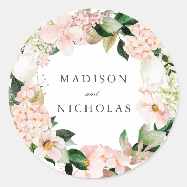 Spring Blush Floral Personalized Wedding Classic Round Sticker (Front)