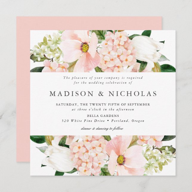 Spring Blush Floral Wedding Square Invitation (Front/Back)