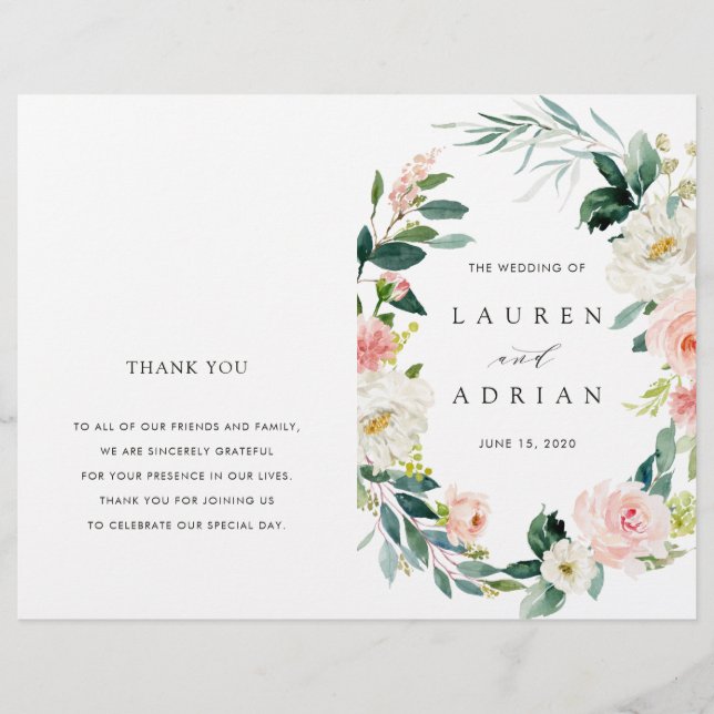Spring Blush Floral Wreath Folded Wedding Program (Front)