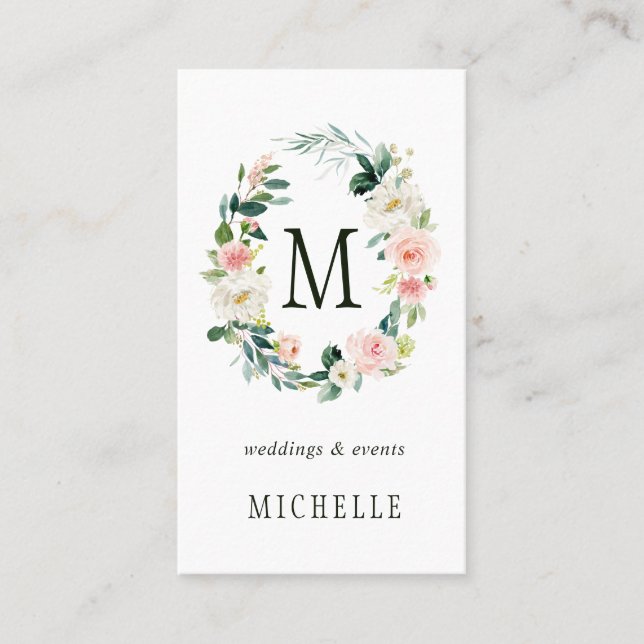 Spring Blush Floral Wreath Monogram Business Card (Front)