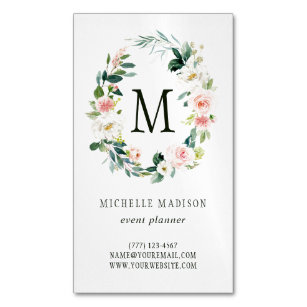 Spring Blush Floral Wreath Monogram Business Card Magnet