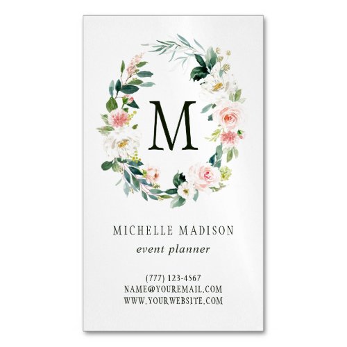 Spring Blush Floral Wreath Monogram Business Card Magnet