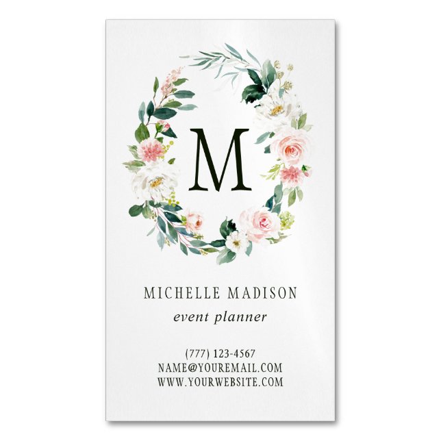 Spring Blush Floral Wreath Monogram Business Card Magnet (Front Vertical)