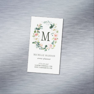 Spring Blush Floral Wreath Monogram Business Card Magnet