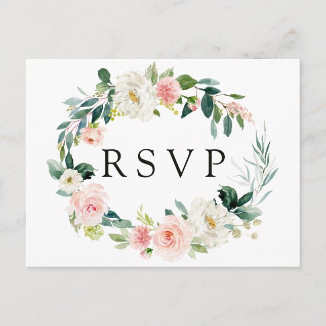 Spring Blush Floral Wreath Wedding RSVP Postcard (Front)