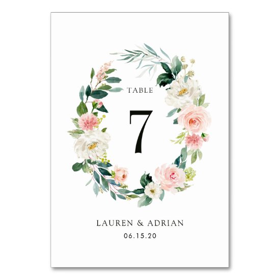 Spring Blush Floral Wreath Wedding Table Number