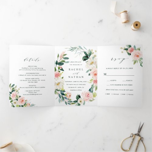 Spring Blush Floral Wreath Wedding Tri_Fold Invitation