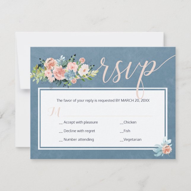 Spring blush peach dusty blue chic wedding reply RSVP card (Front)