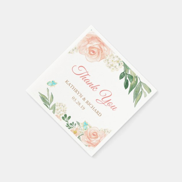 Spring Blush Peach Floral Thank You Wedding Paper Napkin