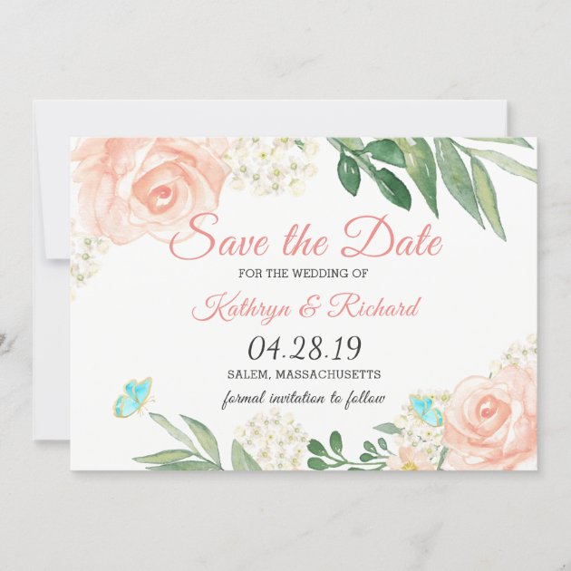 Spring Blush Peach Floral Watercolor Save The Date