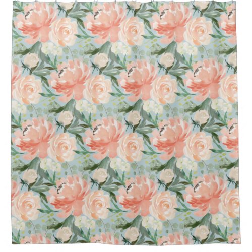 Spring Blush Peach Sage Watercolor Large Floral Shower Curtain