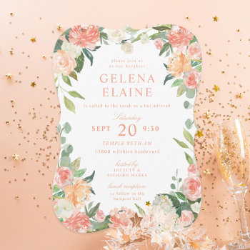 Spring Blush Peach Watercolor Floral Bat Mitzvah Invitation by beckynimoy at Zazzle