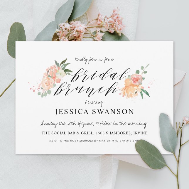 Spring Blush Peach Watercolor Floral Bridal Brunch Invitation