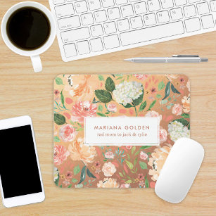 Spring Blush Peach Watercolor Floral Gold Personal Mouse Pad