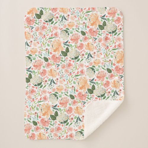 Spring Blush Peach Watercolor Floral Sherpa Blanket