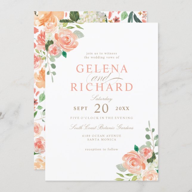 Spring Blush Peach Watercolor Floral Wedding Invitation (Front/Back)