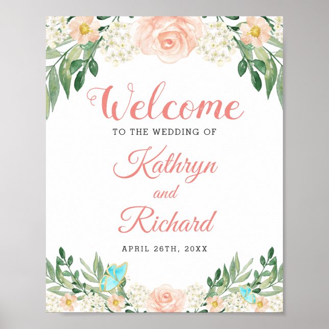 Spring Blush Peach Watercolor Floral Wedding Sign (Front)