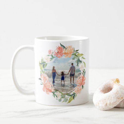 Spring Blush Peach Watercolor Floral Wreath Photo Coffee Mug