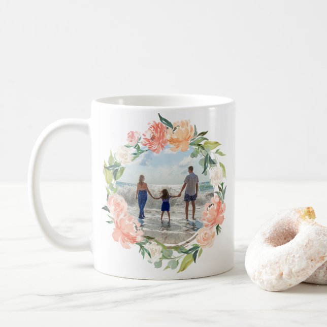 Spring Blush Peach Watercolor Floral Wreath Photo Coffee Mug (With Donut)