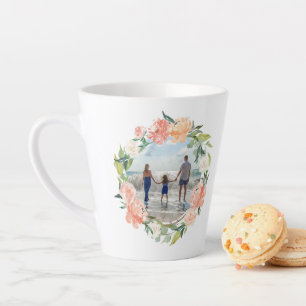 Spring Blush Peach Watercolor Floral Wreath Photo Latte Mug