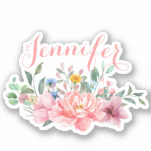 Spring Blush Pink Floral Bouquet Personalize Name Sticker