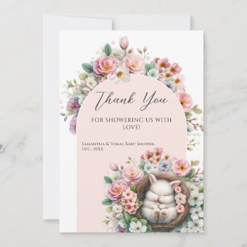 Spring Blush Pink floral bunny Baby Girl Shower Thank You Card