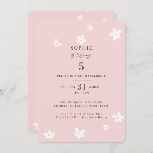Spring Blush White Daisies Girl Birthday Party Invitation (Front/Back)