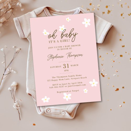 Spring Blush White Daisies Oh Baby Girl Shower Invitation