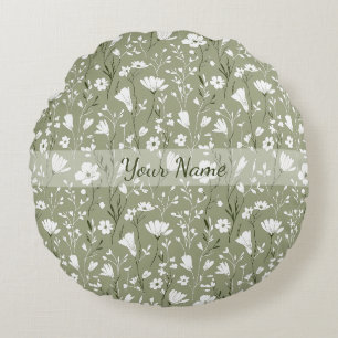 Spring Bobo Wildflowers Sage Green Personalized Round Pillow