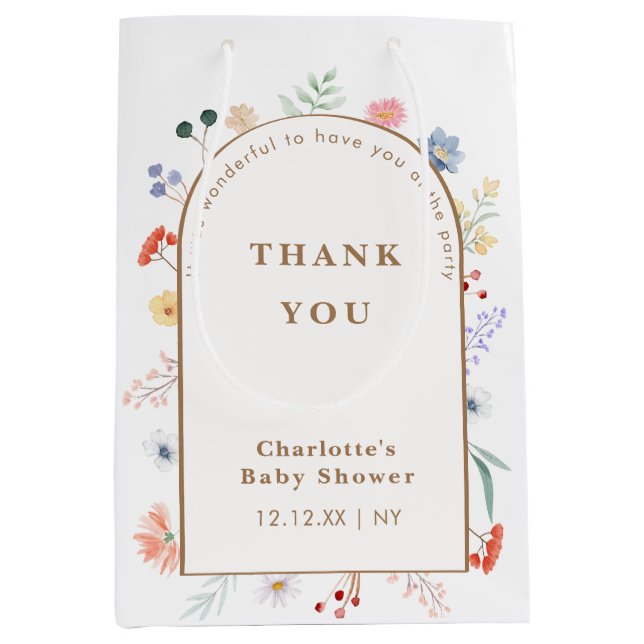 Spring Boho Arch Wildflower Floral Baby Shower  Medium Gift Bag (Front)