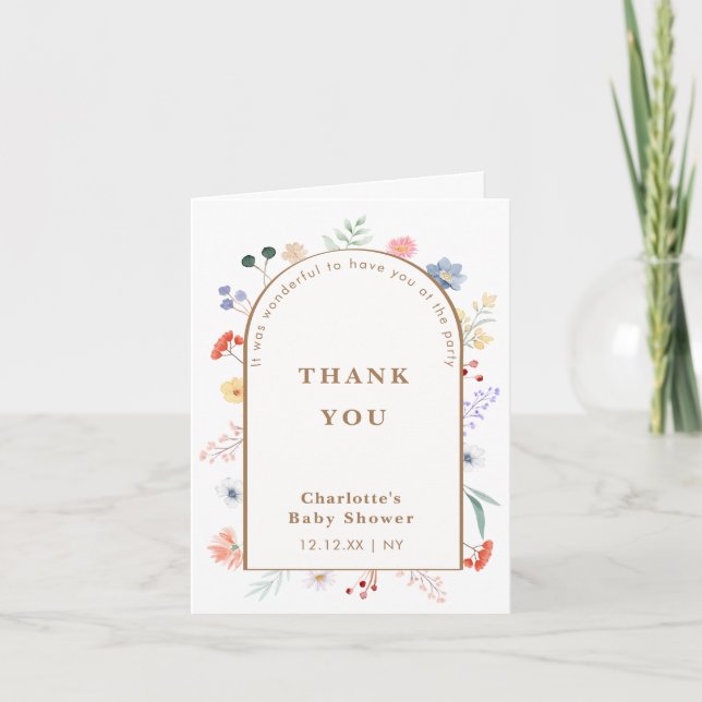 Spring Boho Arch Wildflower Floral Baby Shower  Thank You Card (Front)