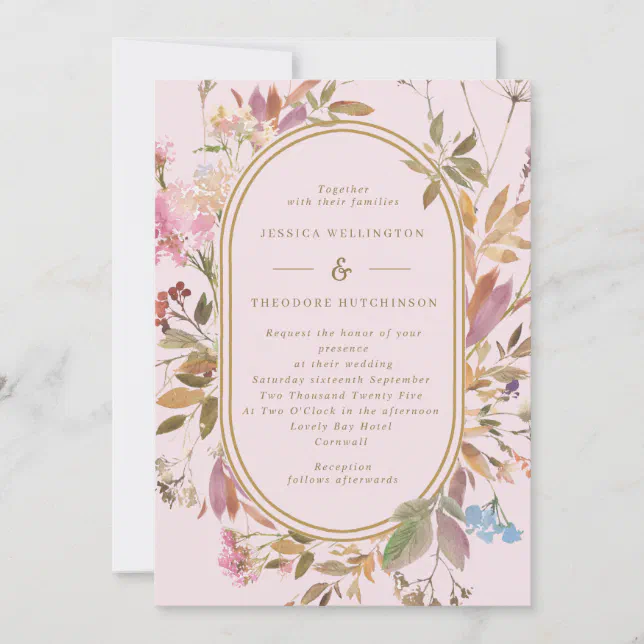 Spring Boho Blush & Gold Wildflowers Frame Wedding Invitation | Zazzle