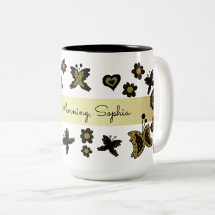 Spring Boho Bohemian Floral Gold Butterfly Ornate Two-Tone Coffee Mug