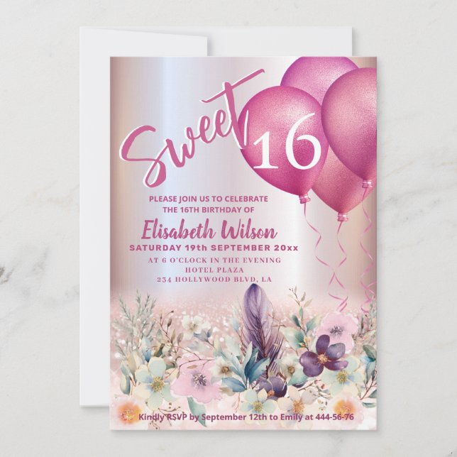 Spring Boho floral Girly balloon glittery    Invitation (Front)