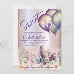 Spring Boho floral Girly balloon glittery Invitation