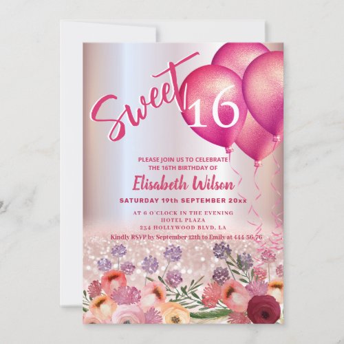 Spring Boho floral Girly balloon glittery    Invitation