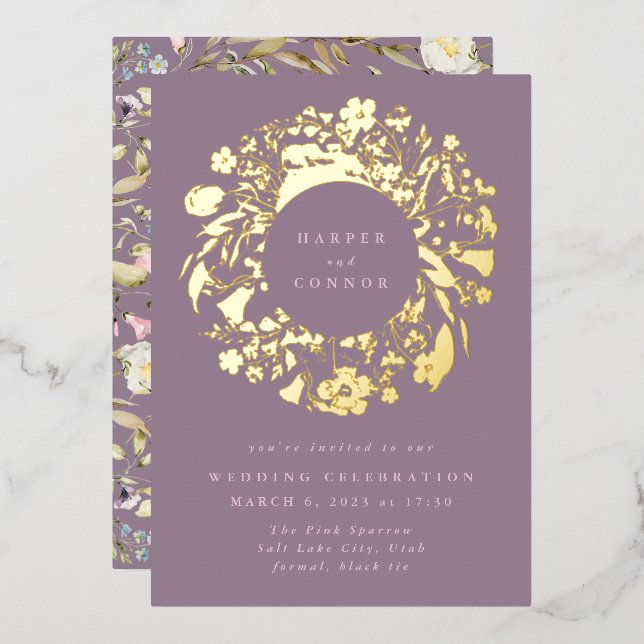 Spring Boho Wildflower Pampas Wreath Wedding Foil Invitation (Front/Back)