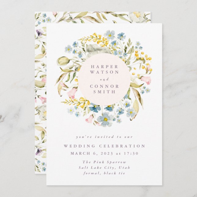 Spring Boho Wildflower Pampas Wreath Wedding Invitation (Front/Back)