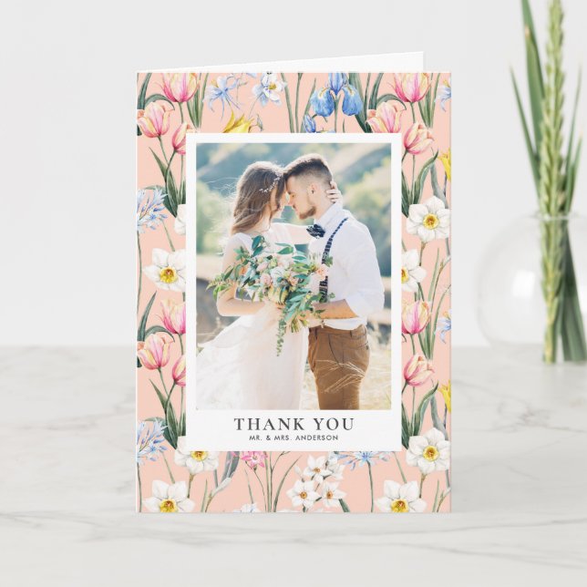 Spring Botanical Flowers Pattern Photo Wedding Letterpress Thank You Card (Front)
